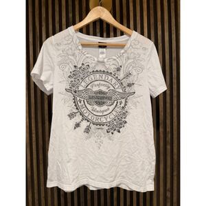 Harley Davidson Palm Beach Motorcycle Graphic Tee Top White Women‎
